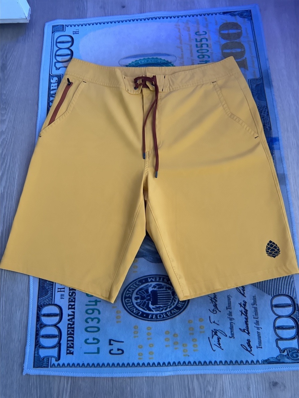 Stio Men's Golden Yellow Swim Board Shorts with Brown Drawstring
